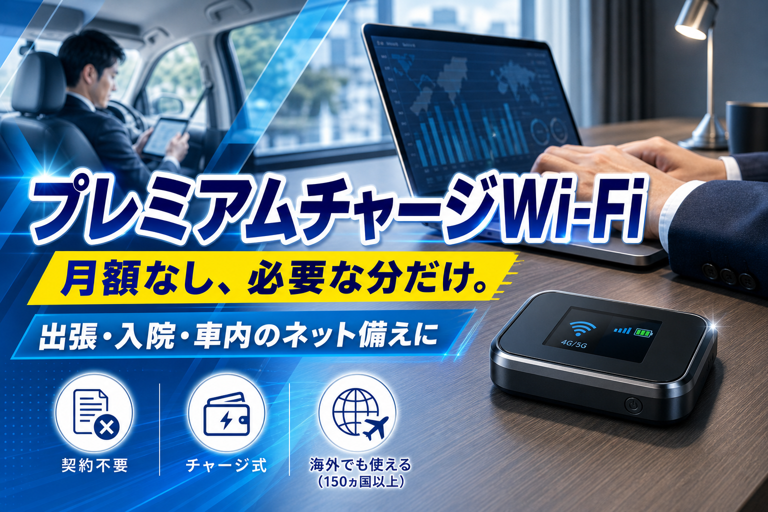 月額なしで必要な分だけ使える「プレミアムチャージWi-Fi」｜出張・入院・車内のネット備えに イメージ画像1