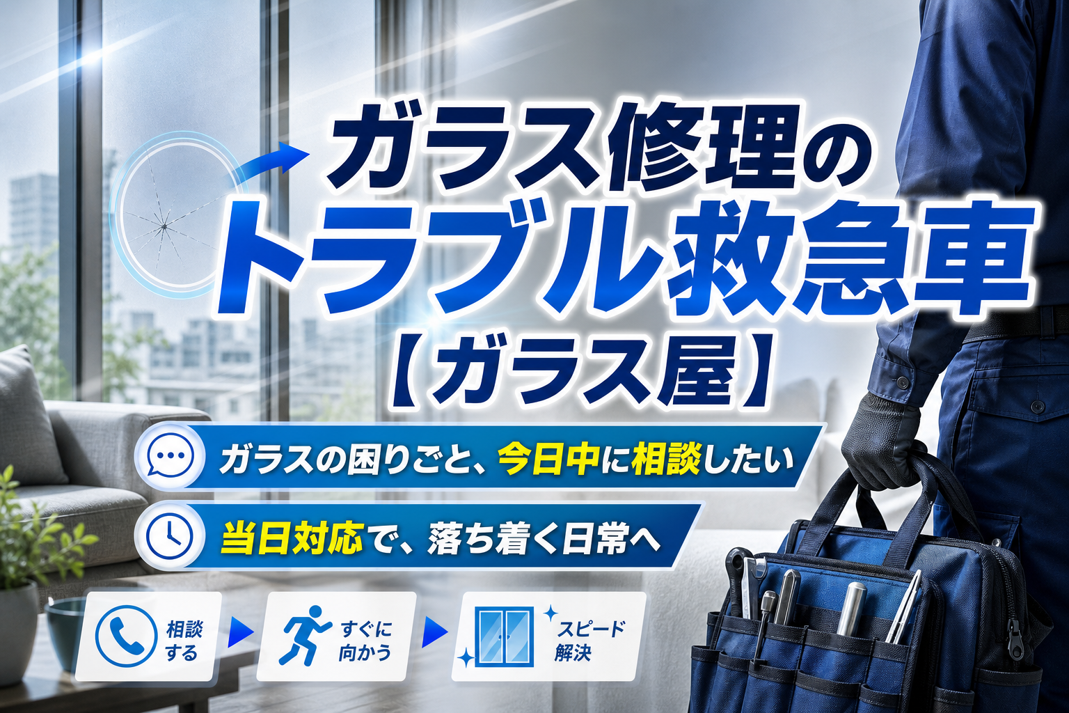 ガラスの困りごと、今日中にどうにかしたい人へ|ガラス修理のトラブル救急車【ガラス屋】の当日対応が心強い イメージ画像1