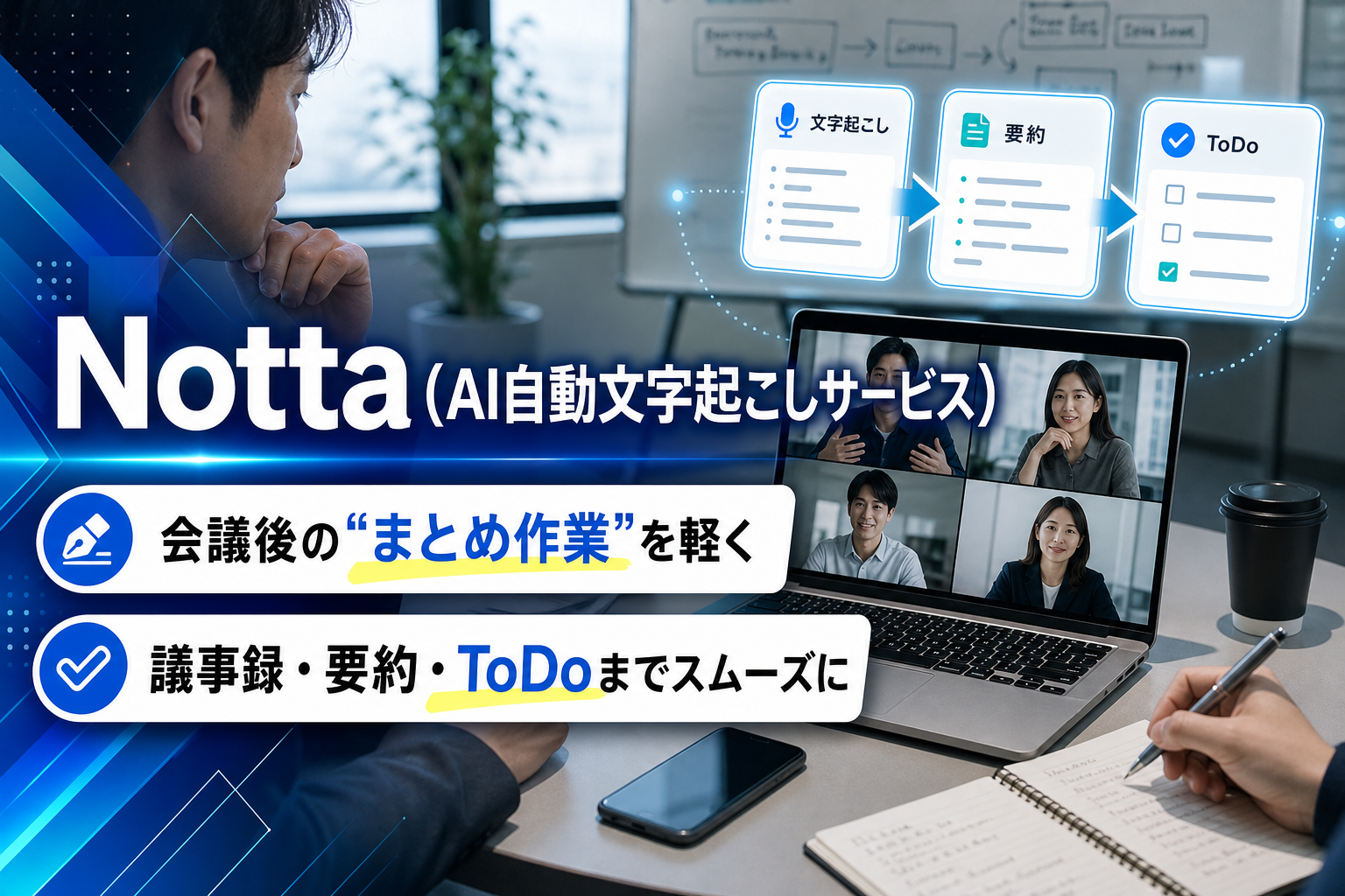 会議のあとが終わらない人へ。Nottaで「録音→文字起こし→要約→ToDo」まで一気に整える方法 イメージ画像1