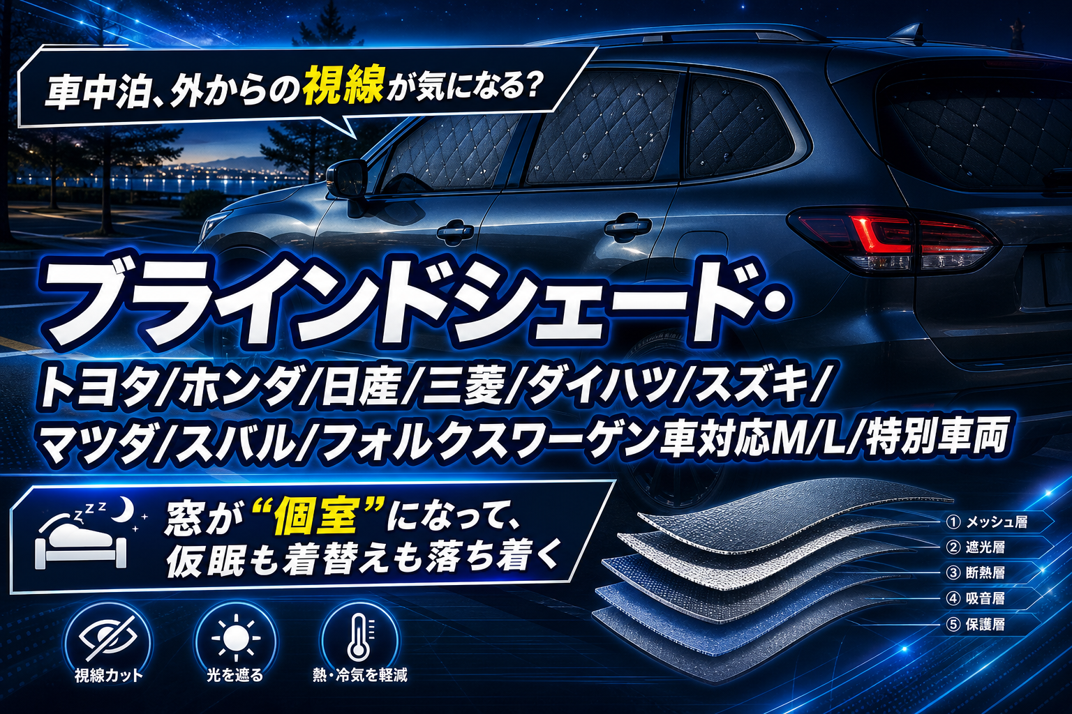 車中泊の「丸見え」と寒暖差がつらい人へ|車種別ブラインドシェードで個室感をつくる イメージ画像1