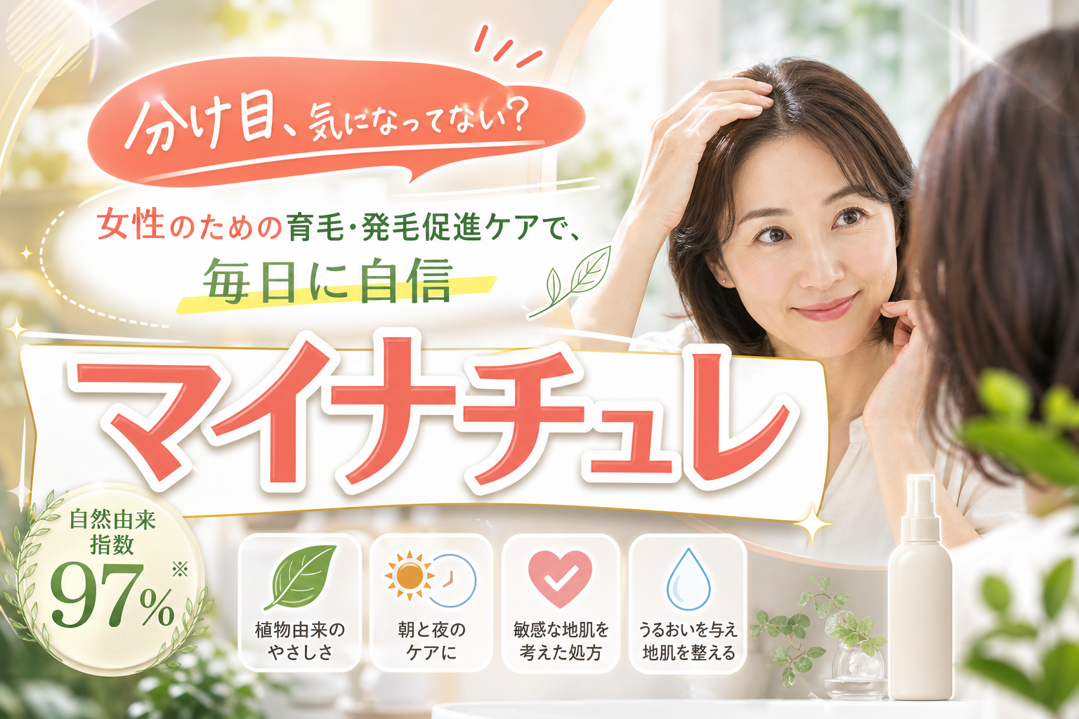 分け目・抜け毛が気になりだした女性へ。無添加にこだわる育毛剤「マイナチュレ」の選び方ガイド イメージ画像1