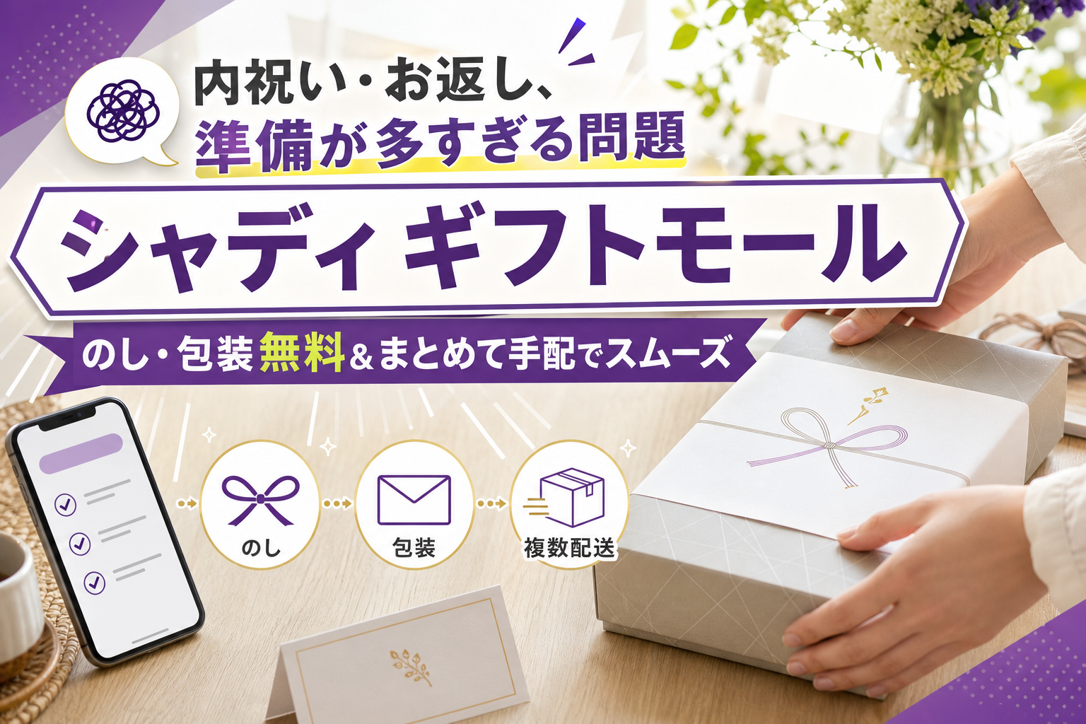 内祝い・お返しで迷ったら。シャディ ギフトモールで「のし・包装」と複数配送をまとめてラクに イメージ画像1